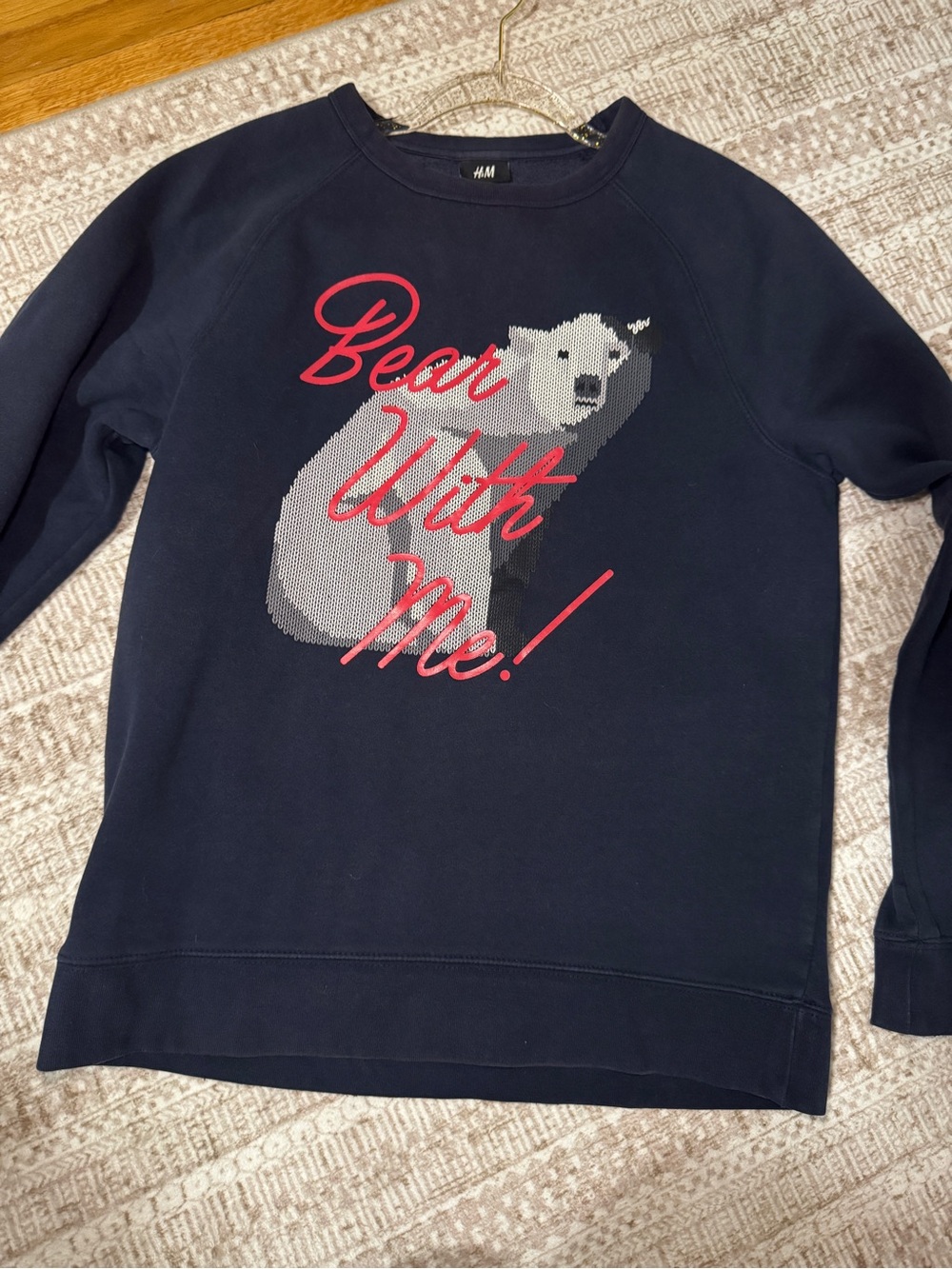 H&M Men's Navy Crewneck Sweatshirt with Polar Bear Graphic and Red Script